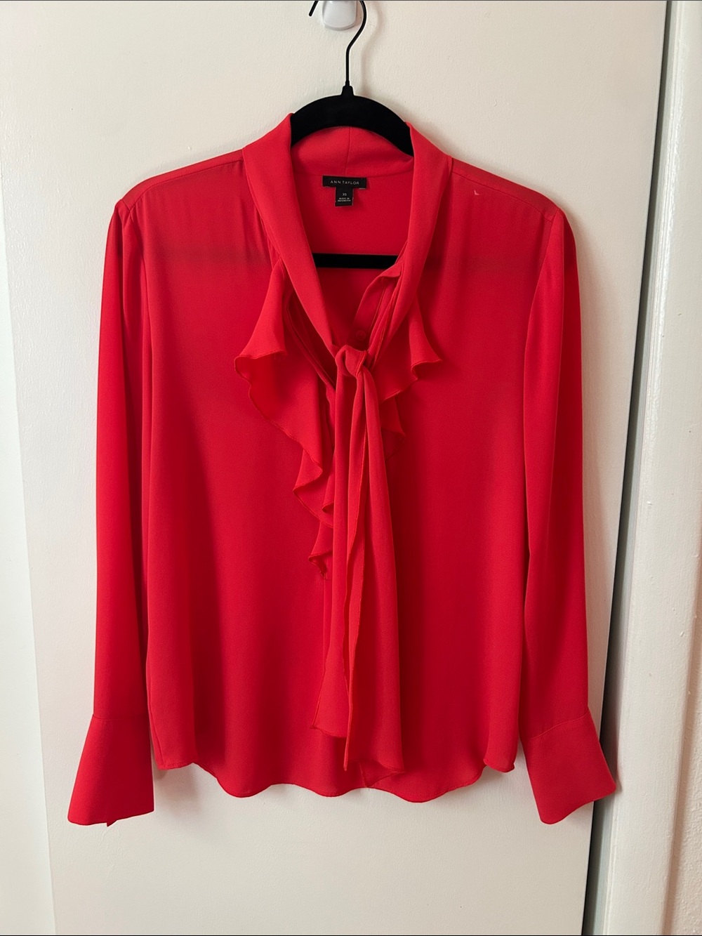 Ann Taylor Bright Red Ruffle Tie-Neck Blouse
